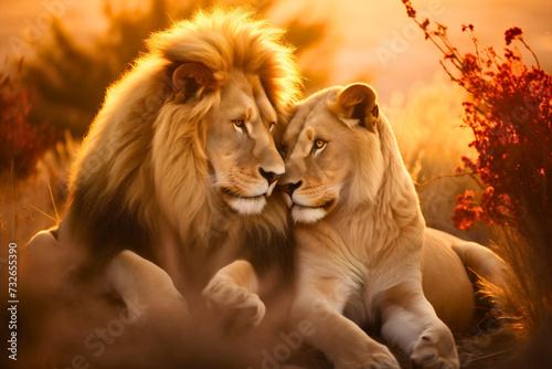 Portrait photography of a lion and lioness wild cat animals in love, resting and lying in the wilderness © Nemanja