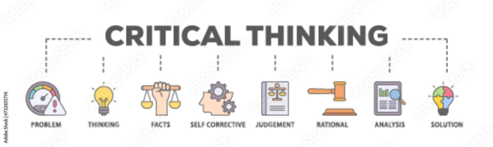 Critical thinking banner web icon illustration concept with icon of solution, analysis, self corrective, rational, judgement, facts, thinking, problem icon live stroke and easy to edit 