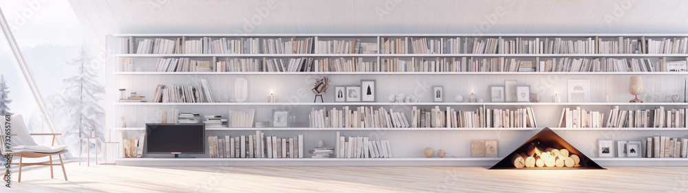 Modern minimalist living room with a fireplace and a large bookshelf.
Modern minimalist living room with a fireplace and a large bookshelf.