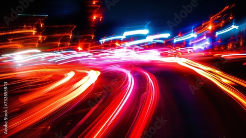 Blur curve city lights movement at night. Urban lights in motion. Light from cars moving out of focus. Colorful urbanism
