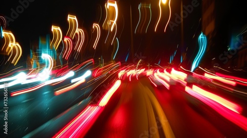 Blur curve city lights movement at night. Urban lights in motion. Light from cars moving out of focus. Colorful urbanism