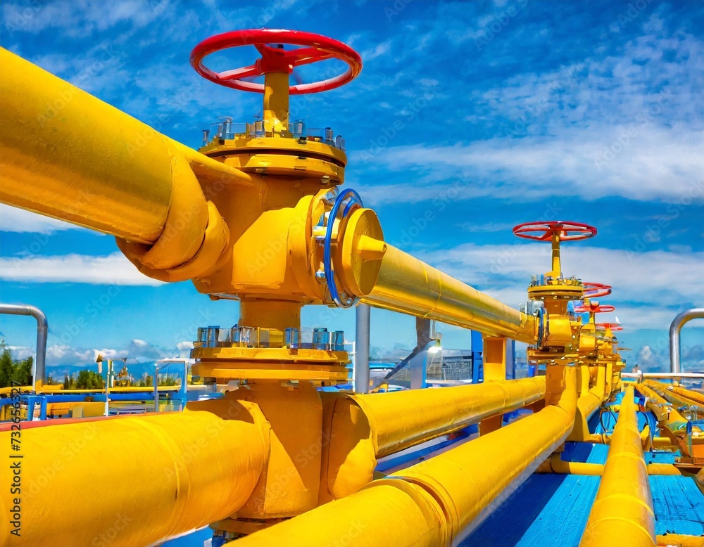 yellow pipes and valves create a mesmerizing silhouette against the backdrop of a vibrant blue sky. A top view reveals the harmonious blend of engineering and nature
