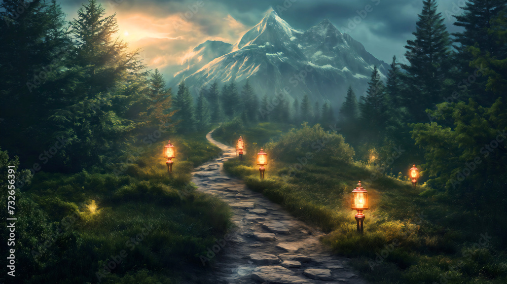 Mountain stone road surrounded by foggy misty forest trees, creating a path, leading to far mountain top or peak, glowing lamps all along the path, path to success concept, career pathway milestone