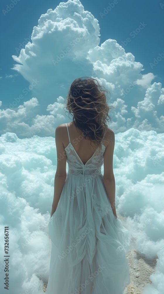 Dreamlike image of a woman in a white dress with her back to a surreal cloudy sky Dreamlike image of a woman in a white dress with her back to a surreal cloudy sky