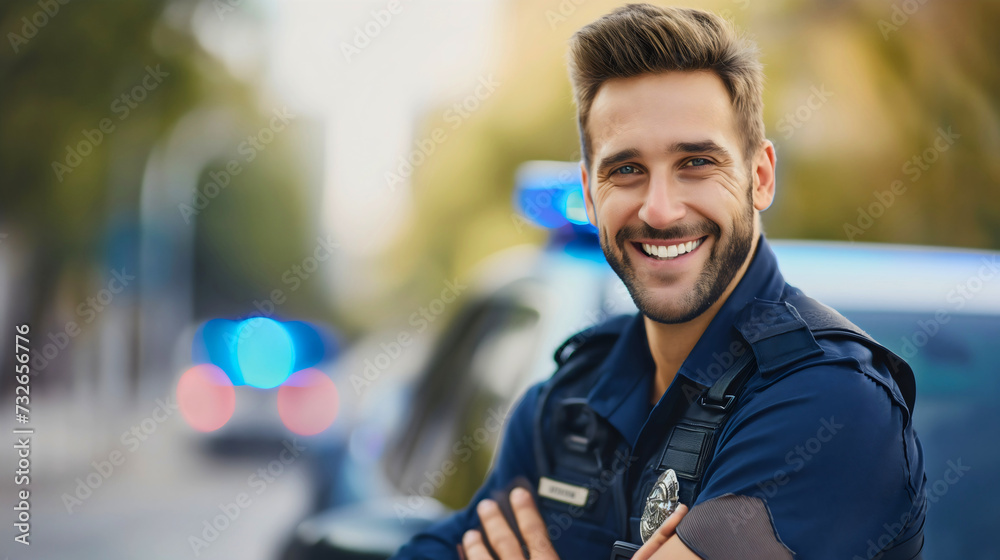 One handsome policeman or police officer smiling and looking at the camera, standing near the police car. Looking for drivers who are speeding and violating the traffic laws. Patrol city monitoring One handsome policeman or police officer smiling and looking at the camera, standing near the police car. Looking for drivers who are speeding and violating the traffic laws. Patrol city monitoring
