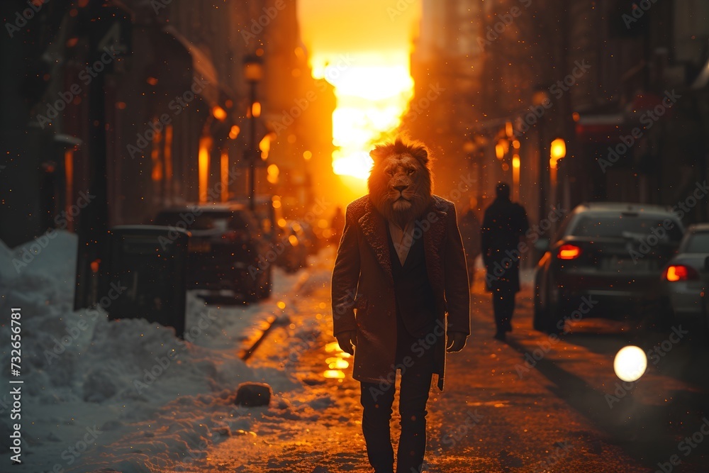 Portrait of a lion-headed businessman walking down a city street at sunset