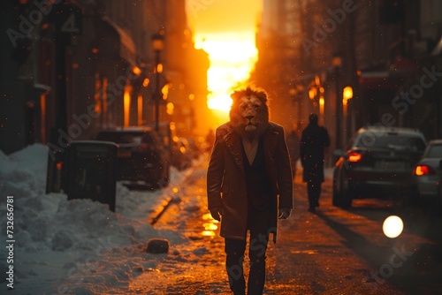 Portrait of a lion-headed businessman walking down a city street at sunset