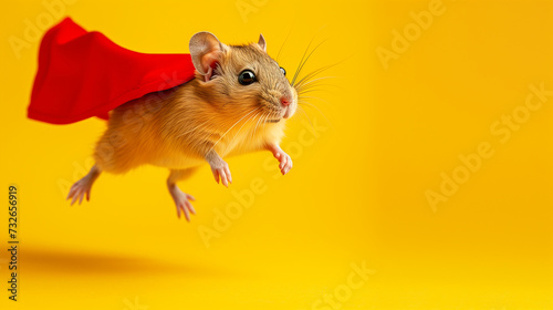 Superhero Gerbil, Cute gerbil with a red cloak jumping and flying on yellow background with copy space. The concept of a superhero, super gerbil, leader, funny animal studio shot. 