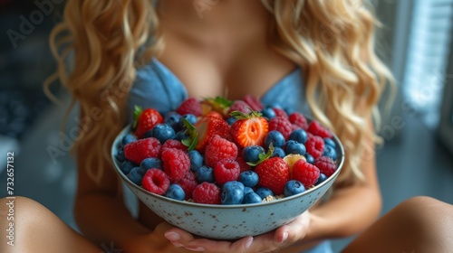 A person is holding a bowl filled with fresh strawberries, raspberries, and blueberries; vibrant and healthy, generative ai