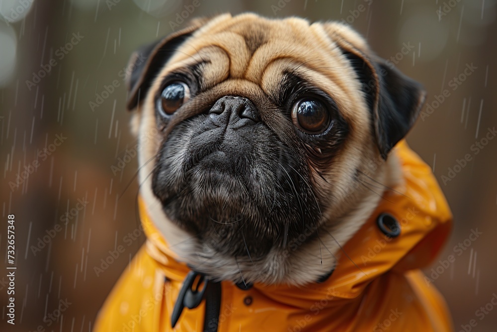 A baby pug wears an orange raincoat on a rainy day.