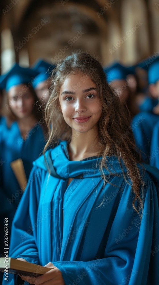 A smiling woman in a blue graduation gown and cap holds a diploma, surrounded by peers, generative ai