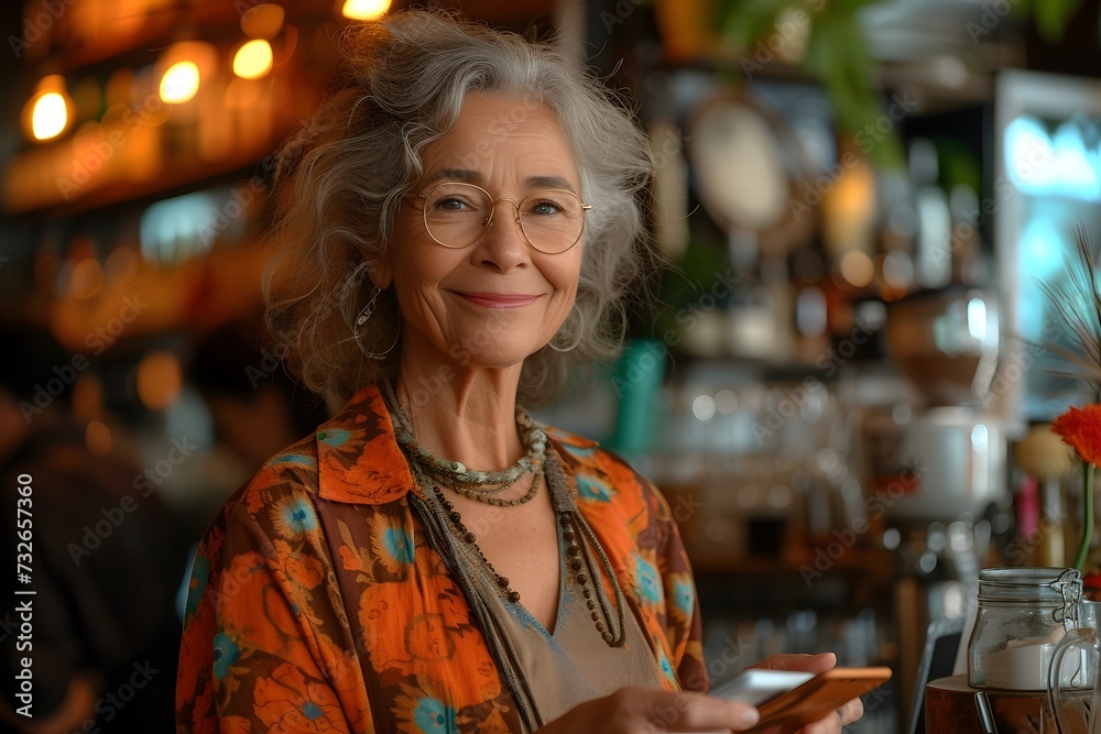 Portrait of older Caucasian woman inside a coffee shop using her smartphone