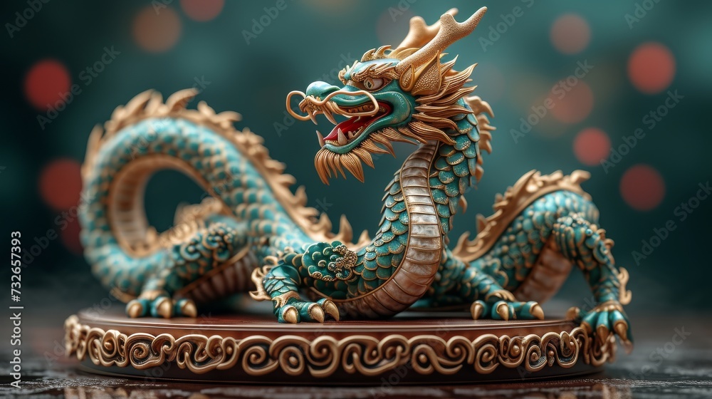 An intricately designed dragon statue with turquoise scales and gold details stands on a round base, generative ai An intricately designed dragon statue with turquoise scales and gold details stands on a round base, generative ai