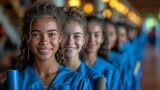 A group of smiling young graduates wearing blue gowns and holding diplomas in a line, generative ai