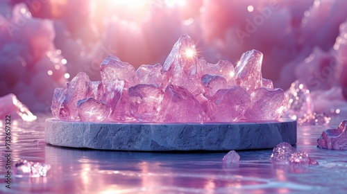 A cluster of sparkling pink crystals rests on a stone slab amidst a dreamy, illuminated landscape, generative ai