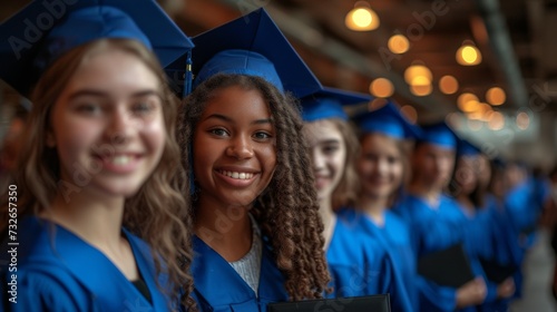 Group of smiling graduates in blue caps and gowns holding diplomas at a graduation ceremony, generative ai