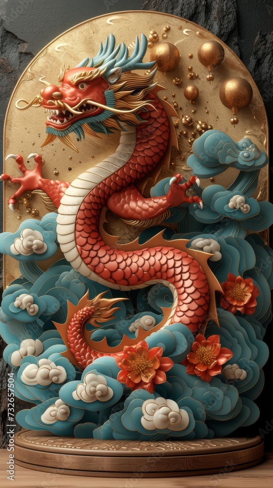 An intricately designed ornamental piece features a colorful dragon amid clouds and flowers on a golden backdrop, generative ai