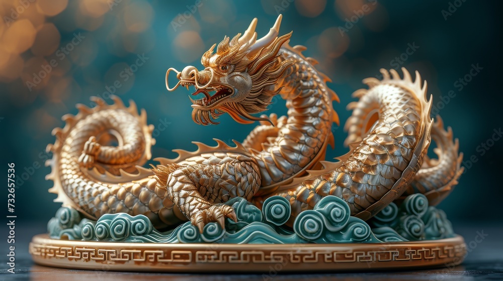 Fototapeta premium An intricate golden dragon statue with swirling clouds, exquisitely detailed scales against a bokeh light background, generative ai