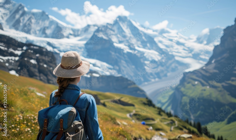Fototapeta premium Swiss Alpine Adventure: A Happy Tourist Woman, Backpack-Clad, Revels in the Daytime Splendor of Jungfraujoch, Marveling at the Panoramic Views and Snow-Capped Peaks in the Swiss Alps.