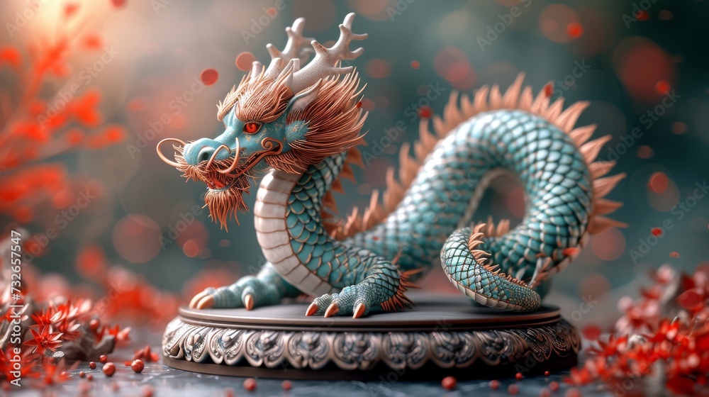 Fototapeta premium A detailed, ornate dragon sculpture depicted in a stylized manner with vibrant red foliage around it, generative ai