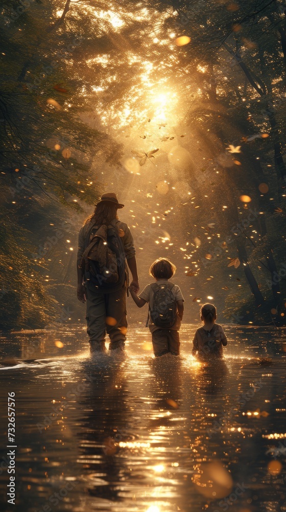 A person and two children walk through water amidst a sunlit forest with floating particles, generative ai