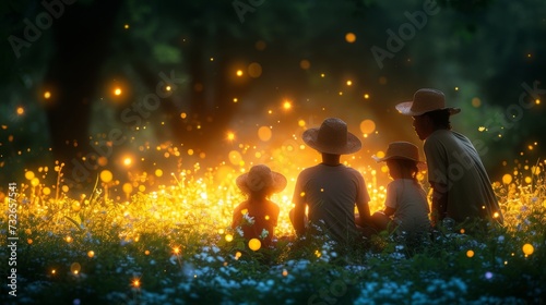 A family with straw hats sits together  watching fireflies on a magical twilight in a forest glade  generative ai
