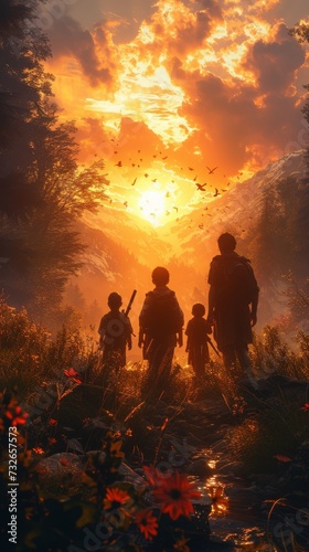 A family is silhouetted against a vibrant sunset amidst nature, exuding an aura of adventure and unity, generative ai