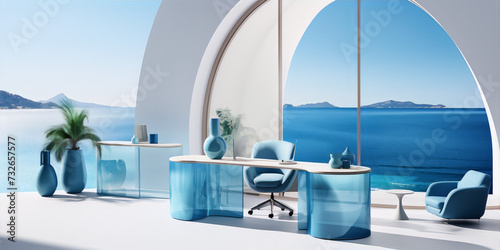 Modern blue office with ocean view, evoking tranquility and success. 
