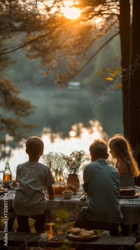 Three children enjoy a lakeside picnic during sunset, surrounded by nature's tranquility and a warm ambiance, generative ai