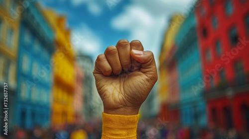 A clenched fist raised in the air against a colorful blurry background of buildings and people, generative ai