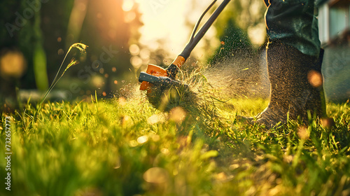 Low angle of a man cutting or trimming grass with his electric trimmer or cutter machine outdoors in his backyard on a sunny summer or spring day. House maintenance work or hobby, leisure activity photo
