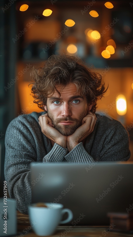 A man with intense eyes resting his chin on hands, laptop open, coffee cup, warm lighting, generative ai A man with intense eyes resting his chin on hands, laptop open, coffee cup, warm lighting, generative ai