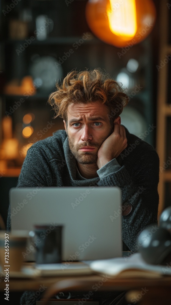A pensive man with tousled hair sits in front of a laptop in a cozy cafe, generative ai A pensive man with tousled hair sits in front of a laptop in a cozy cafe, generative ai