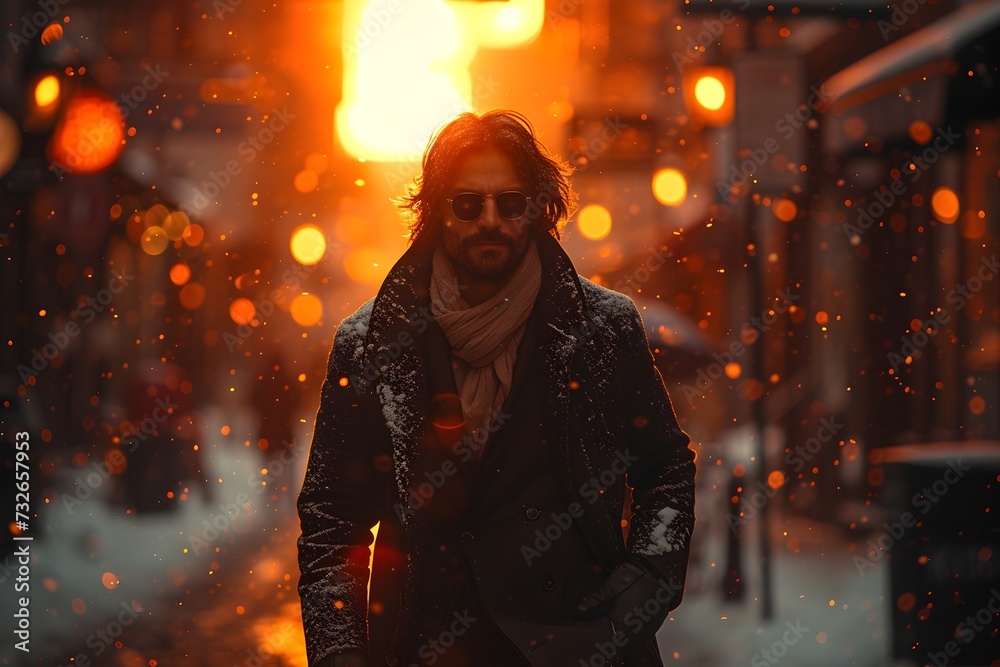 Portrait of a Caucasian man wearing sunglasses walking down a city street