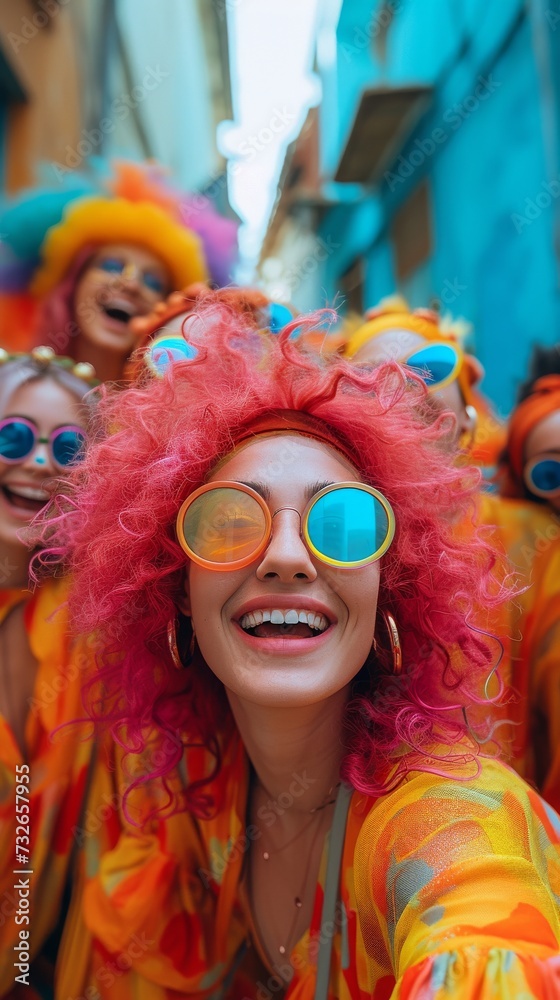 Obraz premium Group of joyful people in vibrant costumes and wigs celebrating, likely at a festive outdoor event, generative ai