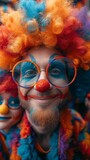 A person dressed as a clown with colorful wig, glasses, red nose, and a smiling face, generative ai
