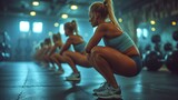 Group of people doing squats in a gym, focusing on form, amidst workout equipment under blue lighting, generative ai
