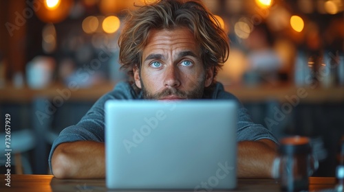 A pensive man with blue eyes sits before a laptop in a warmly lit café setting, generative ai