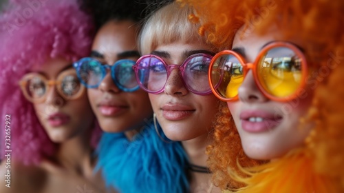 Four individuals with colorful hair and oversized tinted sunglasses posing closely together, fashionable and vibrant, generative ai
