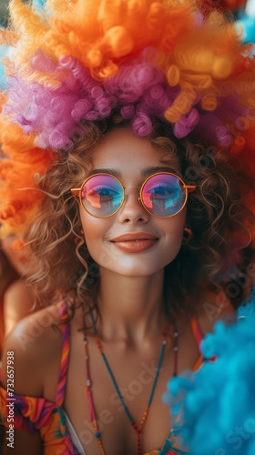 A woman with curly hair wearing colorful sunglasses and a vibrant feather headdress smiles joyfully, generative ai