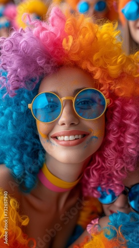 A joyful individual wearing colorful sunglasses and a vibrant wig smiles amidst a crowd at a festive event, generative ai