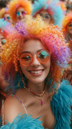 A person with vibrant rainbow-colored hair and round sunglasses is smiling, surrounded by festive feathers, generative ai