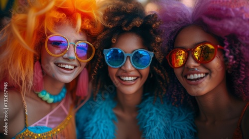 Three joyful individuals with colorful hair and sunglasses are smiling brightly in a festive, vibrant setting, generative ai