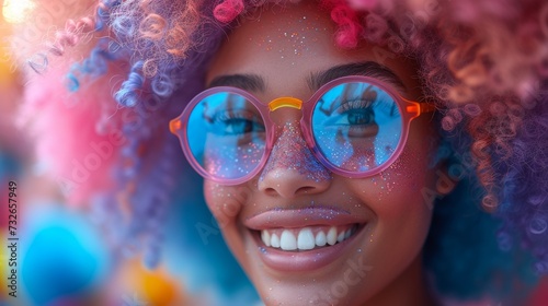 A joyful person with colorful curly hair, glitter makeup, and vibrant glasses radiates happiness and playfulness, generative ai