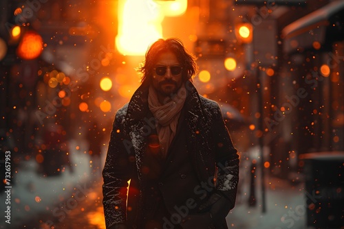 Portrait of a Caucasian man wearing sunglasses walking down a city street