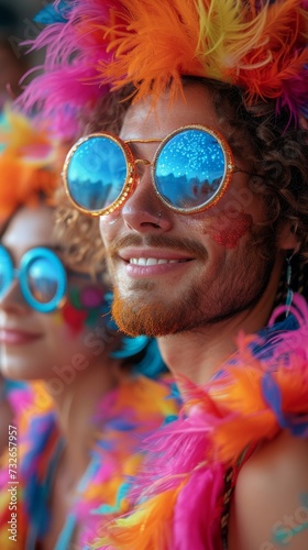 Two people with vibrant feather boas, large round sunglasses, and painted faces exude joy and festivity, generative ai