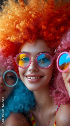 A person with vibrant orange curly hair and colorful sunglasses smiles amid others with colorful wigs, generative ai