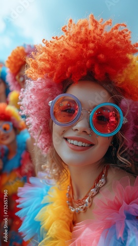 A person with a bright orange wig, oversized sunglasses, and colorful attire, possibly at a festive event, generative ai