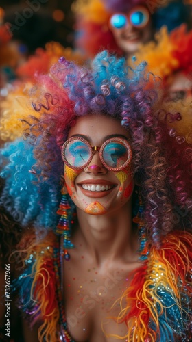 A person with colorful hair, heart-shaped glasses, and face paint smiles joyfully at a festive event, generative ai