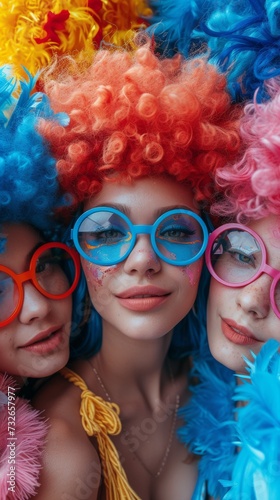 Three individuals with vibrant wigs and oversized glasses are surrounded by a colorful feather boa, generative ai